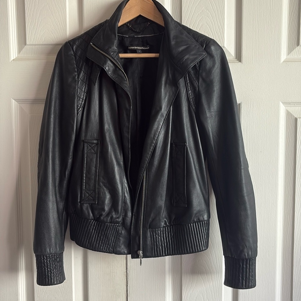 Drykorn Black Calf Leather Jacket with Quilted Shoulders